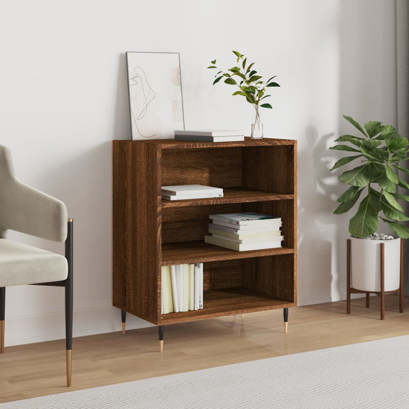 Manrey Bookcase, (3 Shelves) 90 cm H x 69.5 cm W x 32.5 cm D, Grey Sonoma/Gold