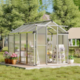 Greenhouse With Upgraded Door Handles, Easy Assembly Aluminum Polycarbonate Greenhouses for Outdoors with Roof Vent and Ground Nails, Heavy Duty Aluminum Walk-in Greenhouse for Backyard, Sliding Lockable Door