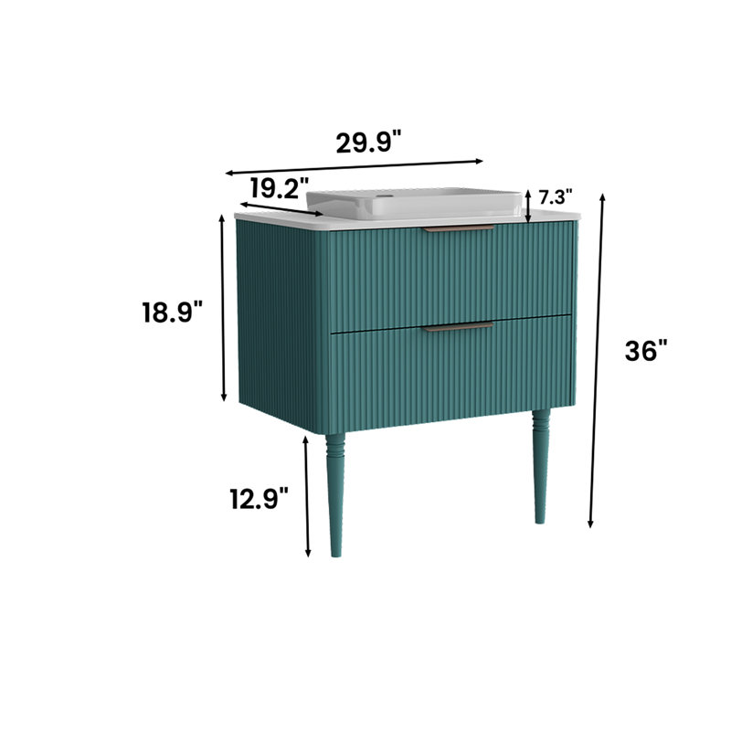 Meuble-lavabo rayé aigue-marine 30 po, conception moderne, grand rangement, charnières, meuble-lavabo de construction 30 po, autoportant pour salle de bain, panneaux de catégorie E1