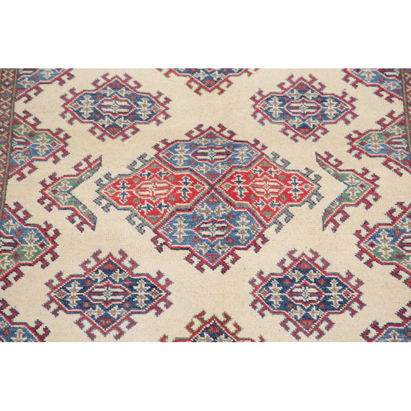 Tapis unique en laine noué à la main beige et rouge de 4 pi x 5 pi 11 po Nitoya
