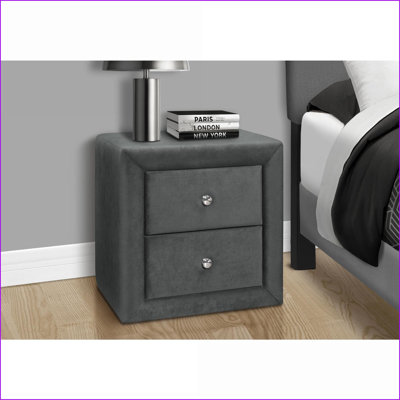 Grey Velvet Transitional Nightstand with 2 Drawers - No Assembly