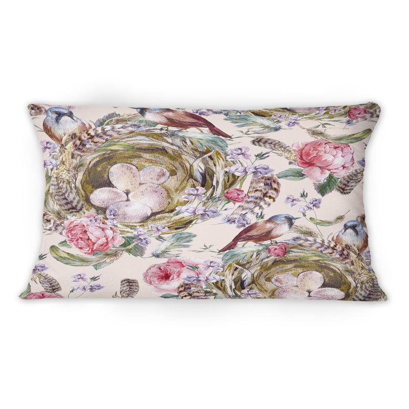 Coussin décoratif à motif rétro avec nids d'oiseaux roses et plumes