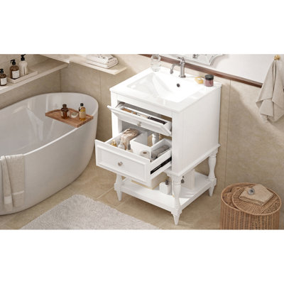 Meuble-lavabo de 20 pouces au design rétro avec lavabo en céramique, armoire de rangement et tablette ouverte pour salle de bain moderne, meuble-lavabo