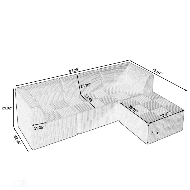 L Shape Modular Sectional Sofa, Compressed Sectional Sofa Modern Minimalist Style Corduroy Couch, Sleeper Sofa