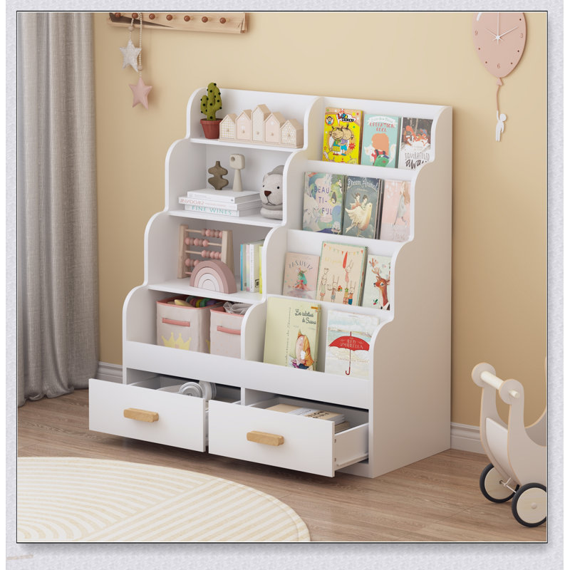 Bibliothèque pour enfants avec 2 tiroirs de rangement, bibliothèque pour enfants et organisateur de jouets, tablette de lecture à plusieurs niveaux pour les tout-petits, salle de jeux, chambre à coucher ou chambre de bébé