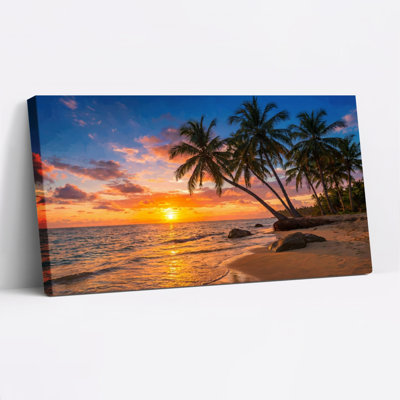 «Tropical Sunset Palm Trees Beach Scene», ensemble de 1 reproduction d'art sur toile tendue sur toile