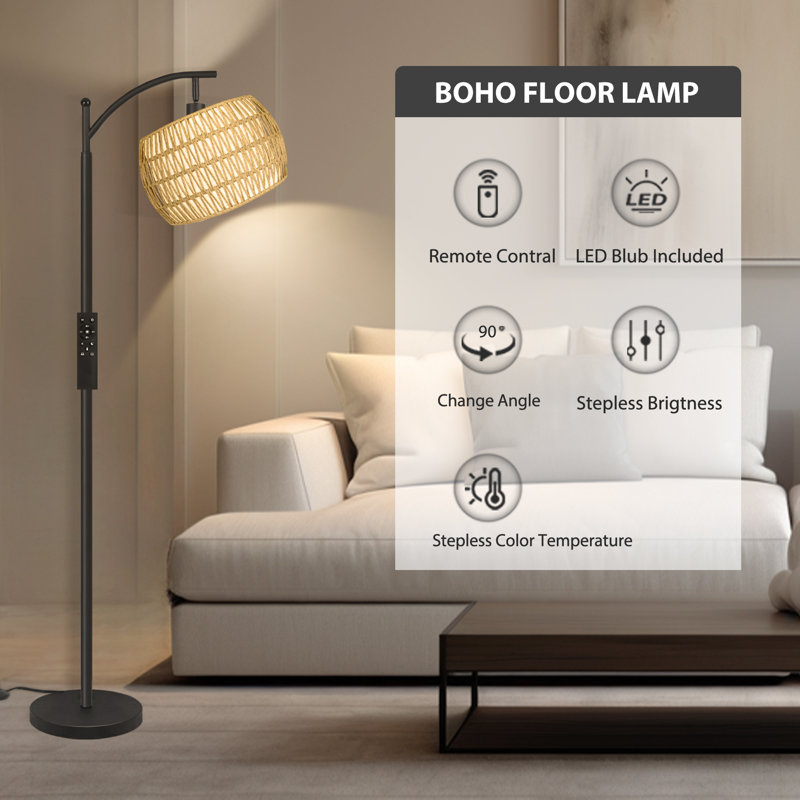 64” Arched\/arc Floor Lamp With Remote Control, Dimmable Bulb Included, Matte Black