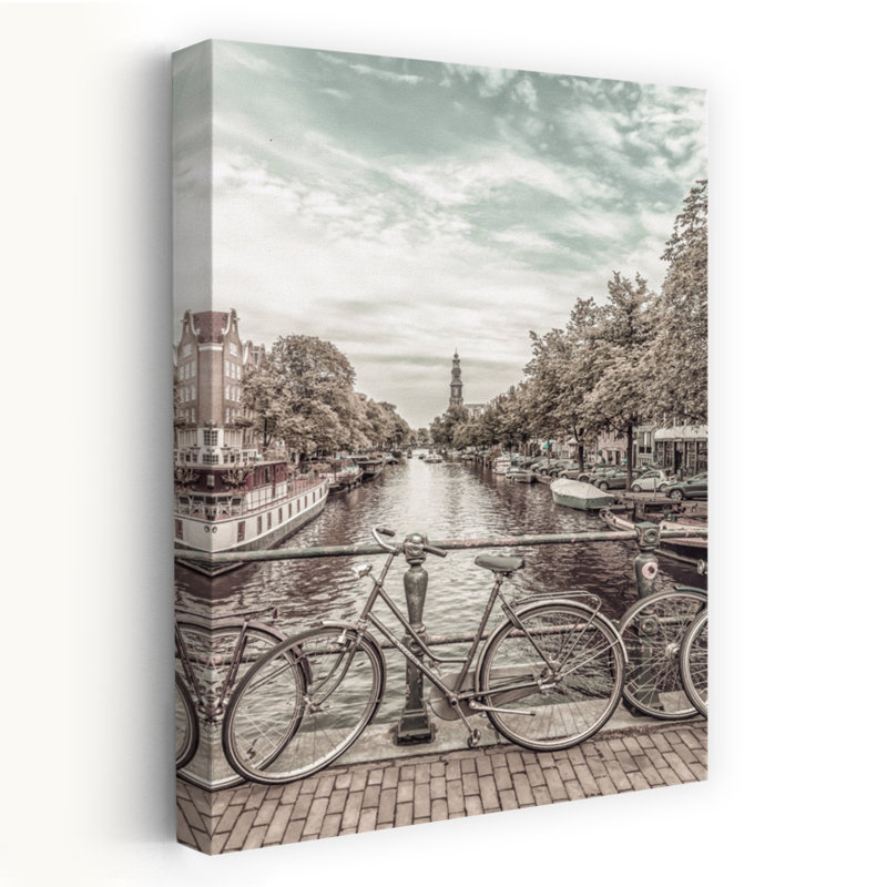 «Amsterdam Canal Bicyclcles», art abstrait rétro, impression d'art mural de la ville, 36" H x 24" W
