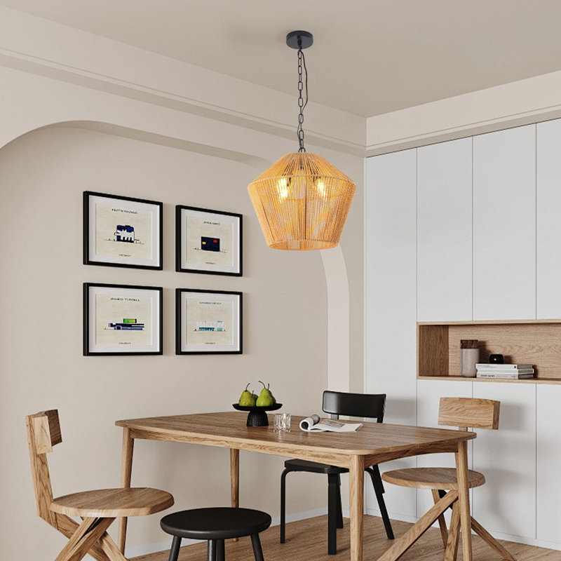 Luminaire suspendu en corde de chanvre de 17 po - suspendu artisanal pour îlot de cuisine, salle à manger, finition naturelle de chambre à coucher, fer à hauteur réglable et lampe décorative tissée à la main