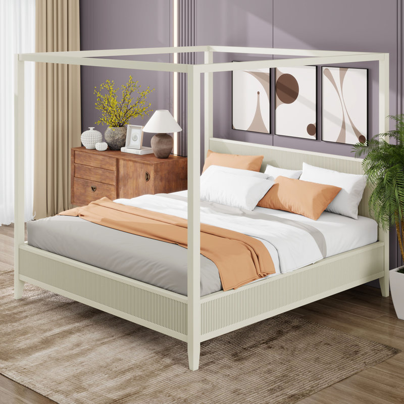 Lit à baldaquin en bois avec tête de lit, support à lattes, lit à baldaquin en bois, Beige