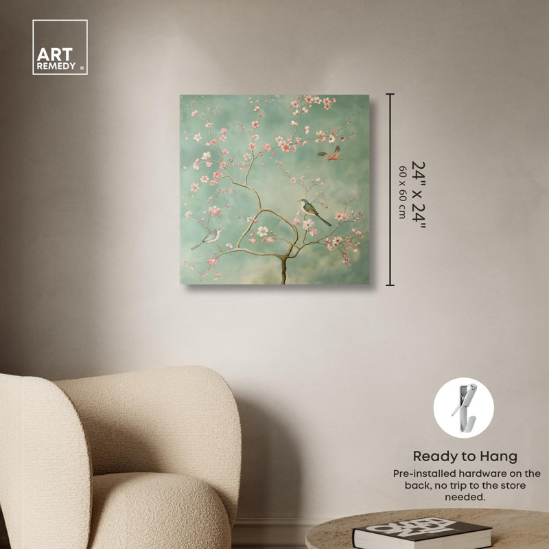 24" x 24" Wrapped Canvas Chinoiserie Art in Pastel Green and Pink