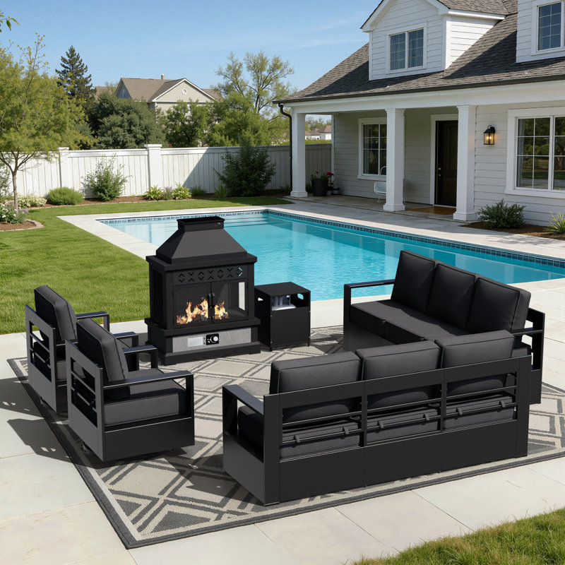 Abdullah 8-Person Outdoor Aluminum Patio Set With Fir Pit, Gas Cylinder Rack, sofas, Swivel Chairs & Gray Cushions, Gray