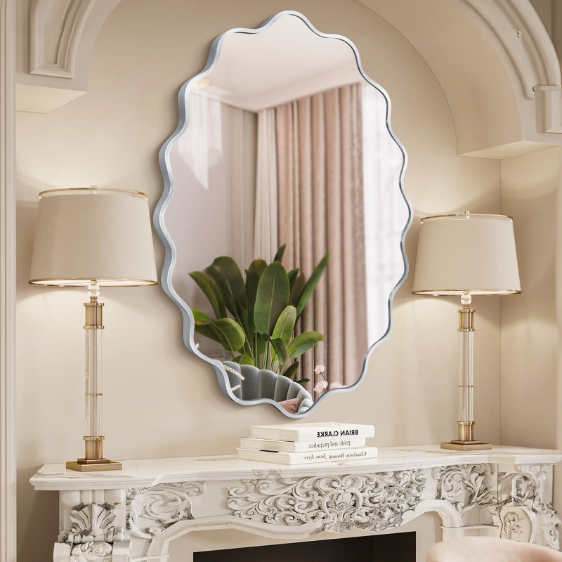 Scalloped Oval Metal Wall Mirror, Silver, 36" x 24"