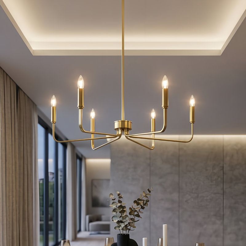 6 - Light 26"W Candle Style Classic/traditional Polished Brass Dimmable Chandelier for Kitchen Isanland., Polished Brass