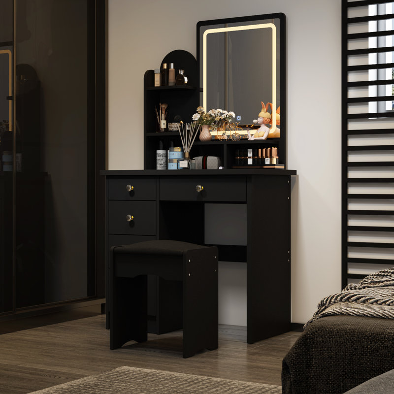 31.5" W Makeup Vanity Set with 3-Color LED Lighted Mirror and 5 Storage Drawers, Black