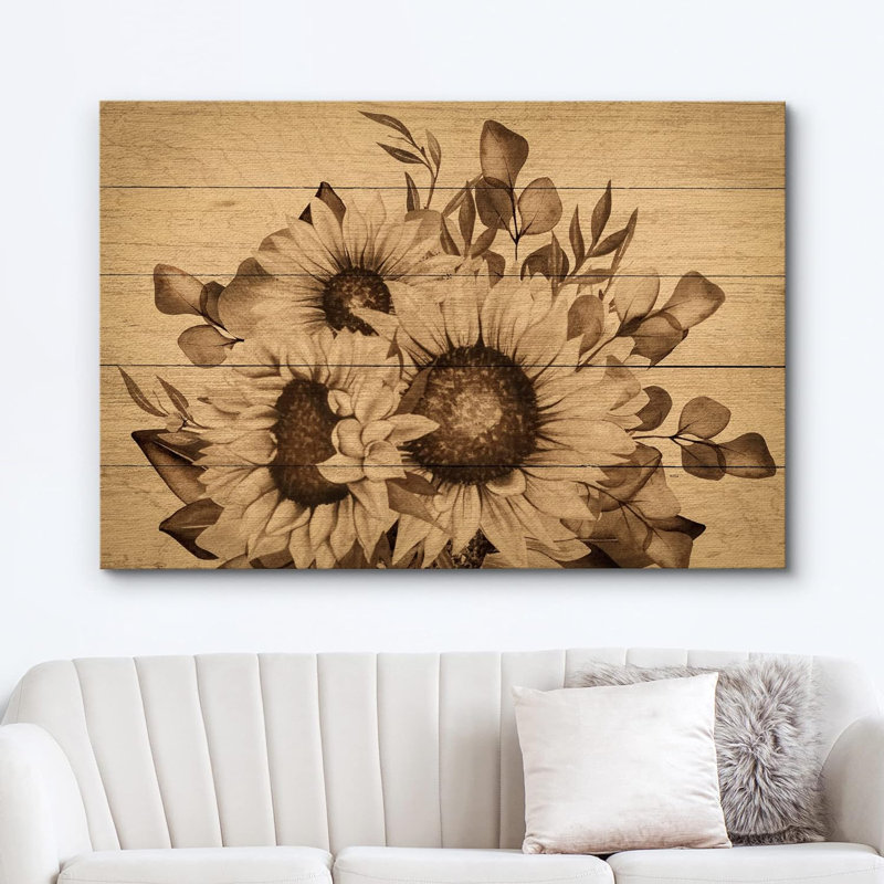 Panneau de tournesol effet bois rétro rétro classique sépia tournesols floraux sur toile, H 32 po x l 48 po x P 1,5 po