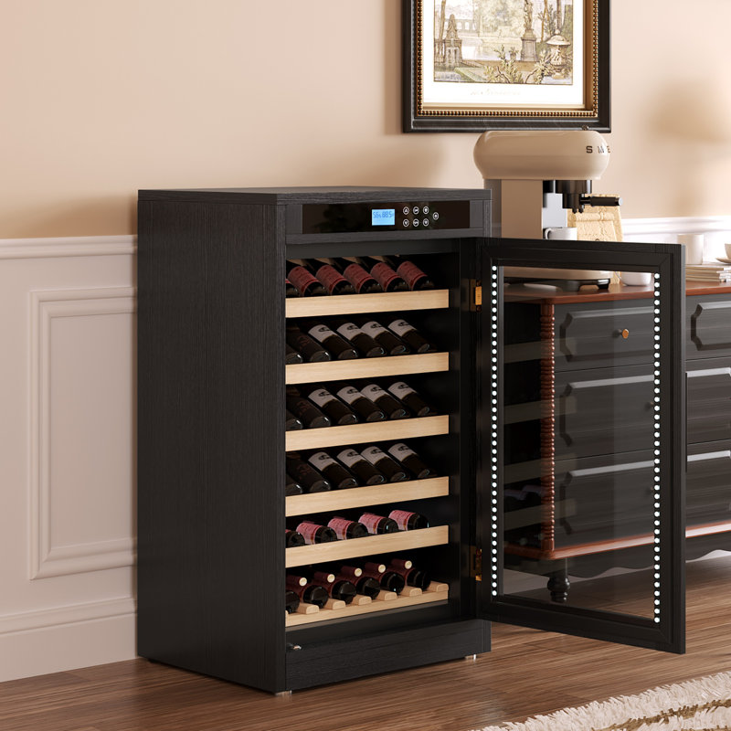 Freestanding Red Oak Wine Cabinet with Embraco Compressor, Humidity Control & UV Glass Door