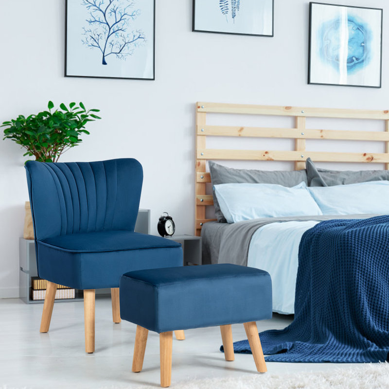Velvet Slipper Chair with Ottoman, Blue Velvet