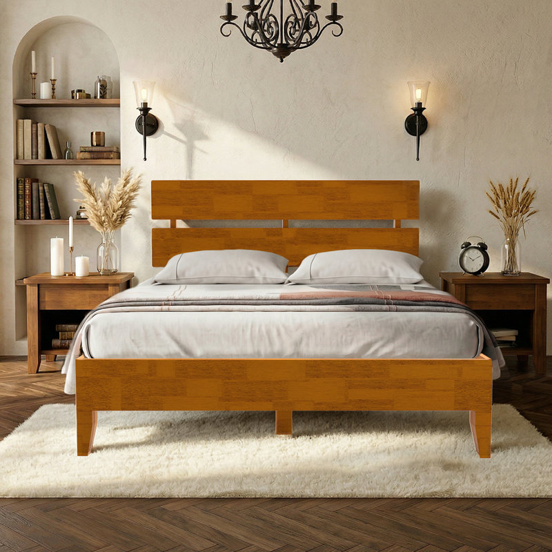 Solid Wood Platform Bed Frame , Queen Bed Frame With Headboard Included, Mid Century Modern Bed, Caramel, Brown, Queen