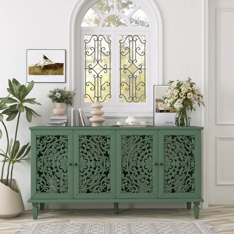 60" Antique Buffet with Floral Carving - Solid Wood TV Stand & Sideboard, Green