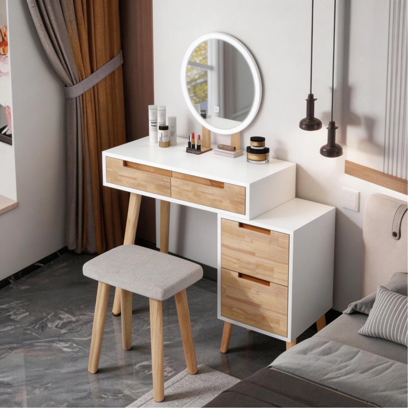 Dressing Table with LED Lighted Mirror, Makeup Vanity Desk with Stool and 2 Drawers Cabinet, 70CM Desktop Vanity Table