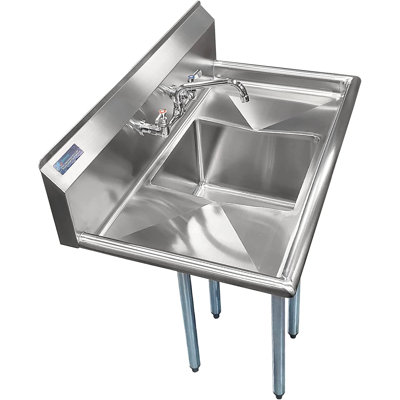 43" One Compartment Stainless Steel Commercial Kitchen Prep & Utility Sink With Left And Right Drain Boards With Faucet - Bowl Size 14"D X 16"W X 11"H