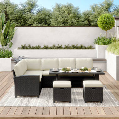 Sol 72 Outdoor™ Merton 7-Piece Patio Furniture Set, Outdoor Wicker  Conversation Set, All Weather PE Rattan Sectional Sofa Set with Cushions  and Faux Wood Table, Stripe Pillows \u0026 Reviews | Wayfair