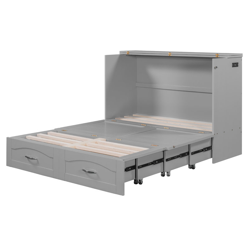 Lit escamotable double pleine grandeur avec tiroirs, USB et prises, mécanisme de poulie, conception peu encombrante, gris