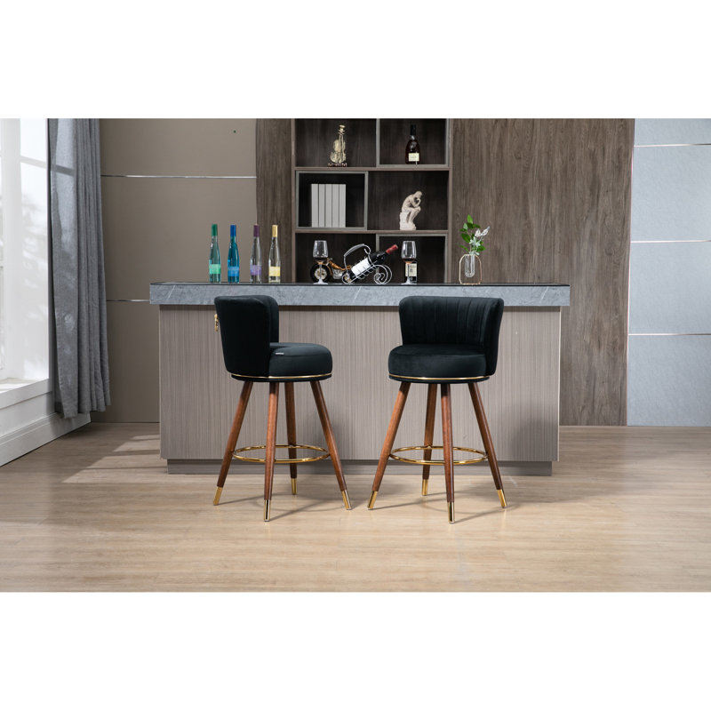 De 2 tabourets de bar à hauteur de comptoir, pieds en bois massif fixes à 360 °, repose-pieds pivotant et confortable, siège de style rétro avec coussin rembourré