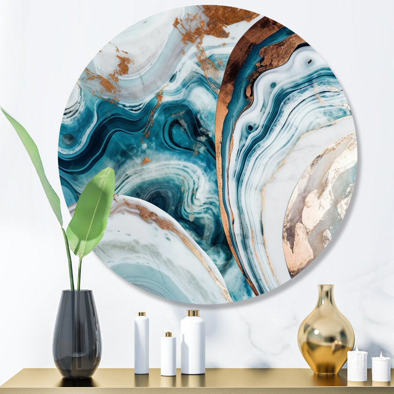 Blue Gold Half Circle Marble Abstract V - Abstract Marble Round Wall Art on Metal, 16" H x 16" W x 1" D