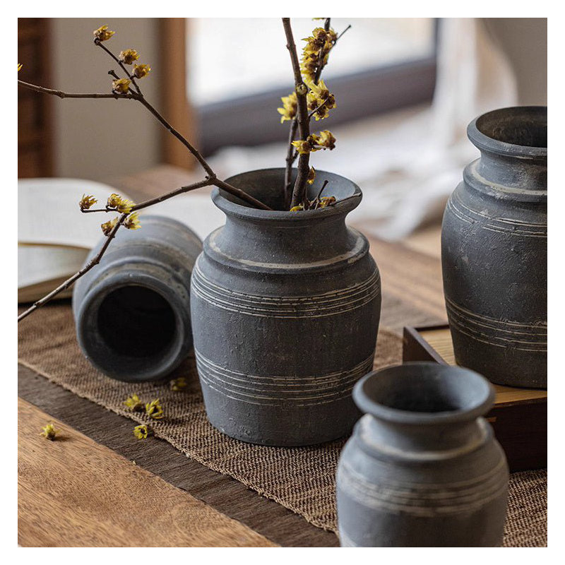 Handmade Gray Clay Pottery Vase, 7.8" H x 4.7" W x 5.1" D