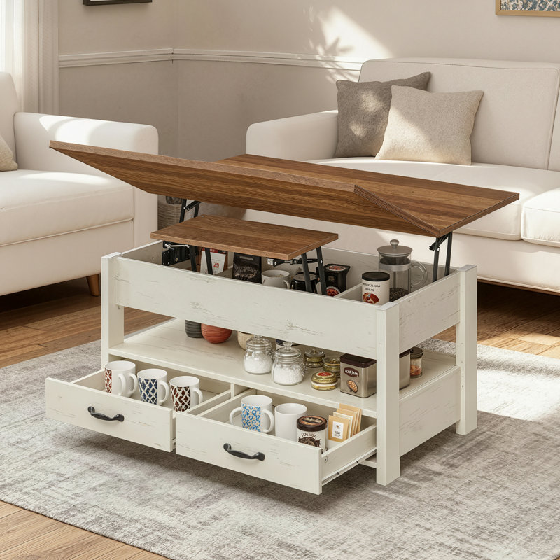 Coffee Table With Lift Tabletop, 2 Drawers, White, White