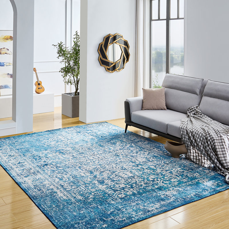 Tapis oriental bleu / blanc lavable à la machine, Rectangle 5 pi 3 po x 7 pi 3 po
