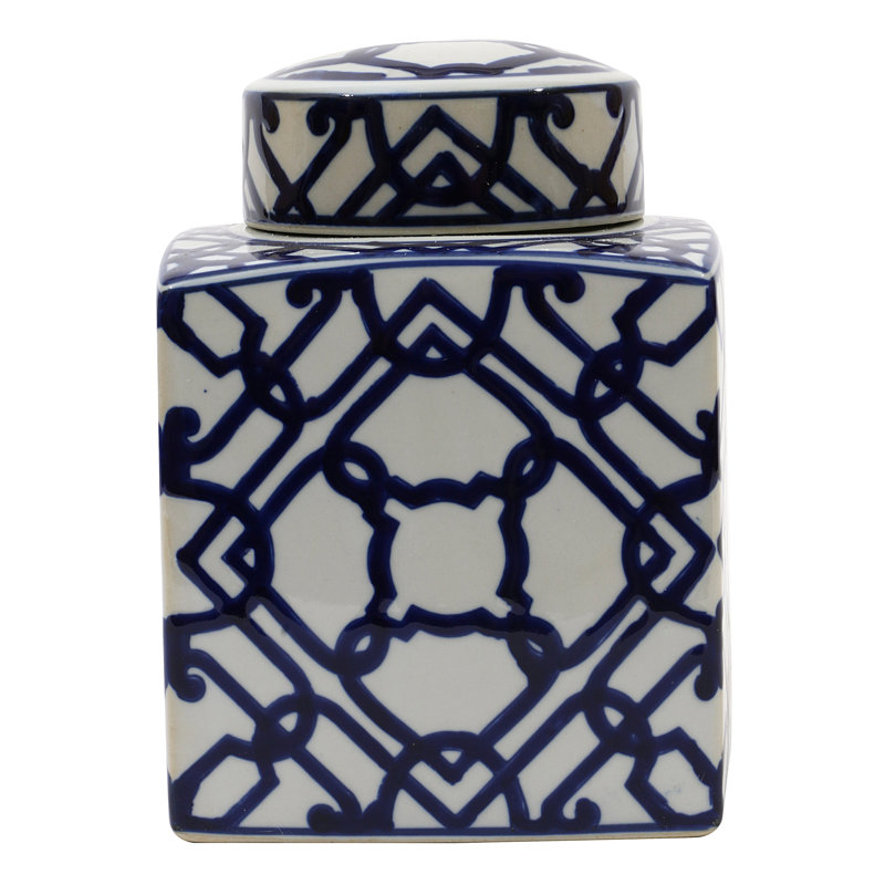 Decorative Square Ceramic Ginger Jar with Lid, Geometric Shape White/Navy