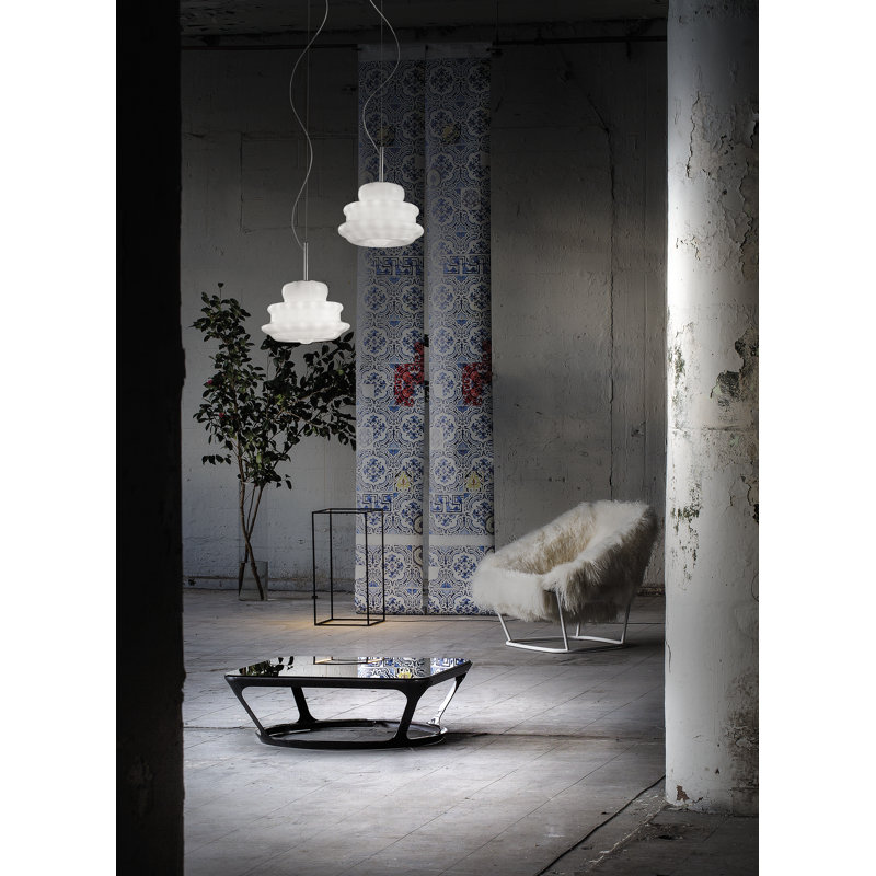 Novecento Suspension M Crystal Striped Glass Glossy Chrome E26 Ul, 91" H x 11" W x 11" D, White Striped, E12/Candelabra