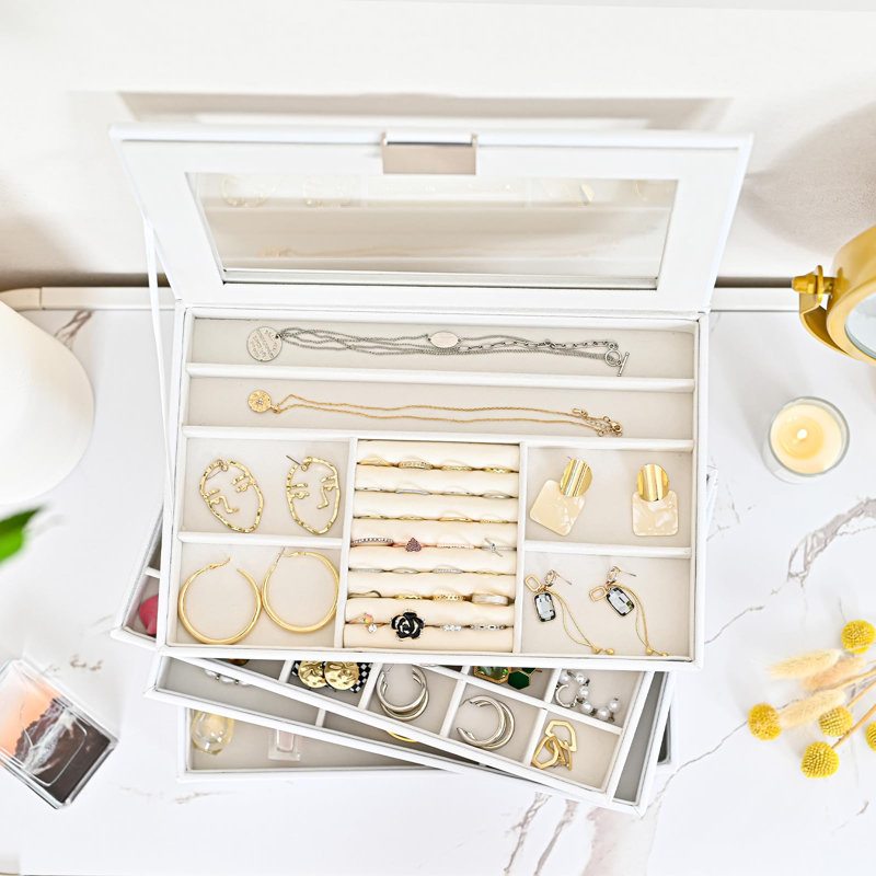Boîte à bijoux empilable à 5 couches, plateaux à bijoux empilables pour le rangement des tiroirs de la commode, étui à bijoux avec couvercle - blanc