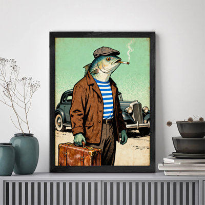 «Black», encadré noir, «Happy», drôle, tête de poisson qui fume, art mural, impressions de style rétro