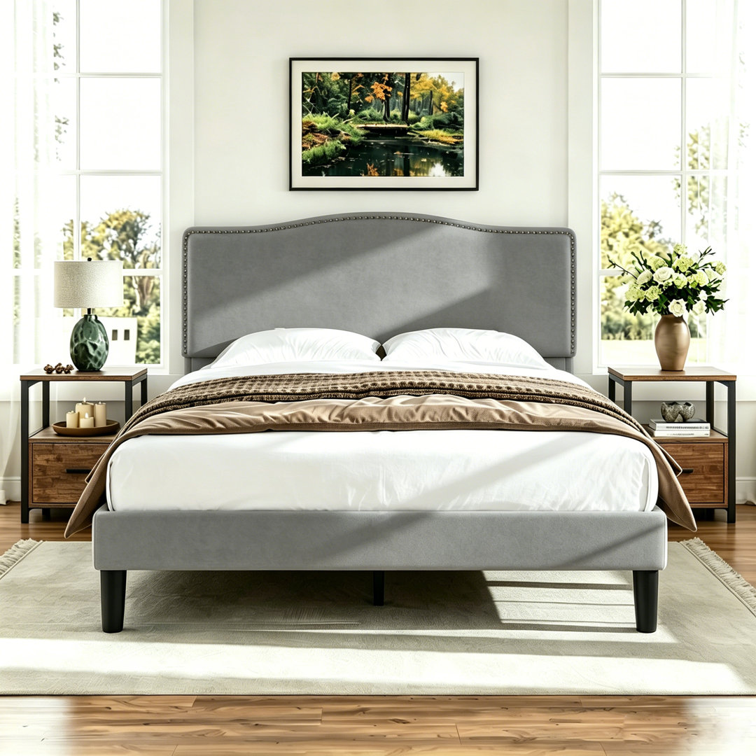 3 Pieces Bedroom Set, Bed Frame with Velvet Upholstered Headboard, Platform Bed Frame and 2 Nightstands with Drawer, No Box Spring Needed