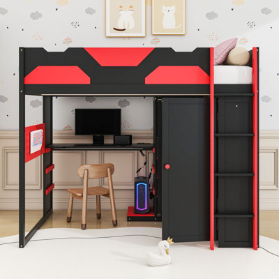Full Size Loft Bed With RGB LED Light Strip, USB Charging Station And Adjustable Desk