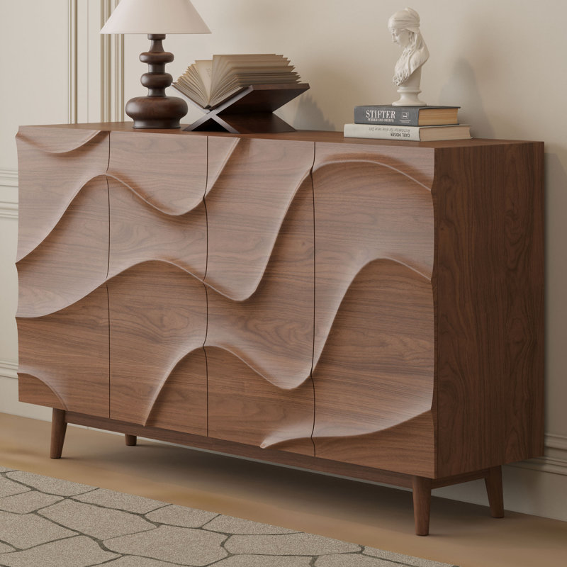 59" Mid-Century Modern Sideboard with Solid Wood Legs, Buffet Cabinet with Sculptural Walnut Wave Design,Full Assembly