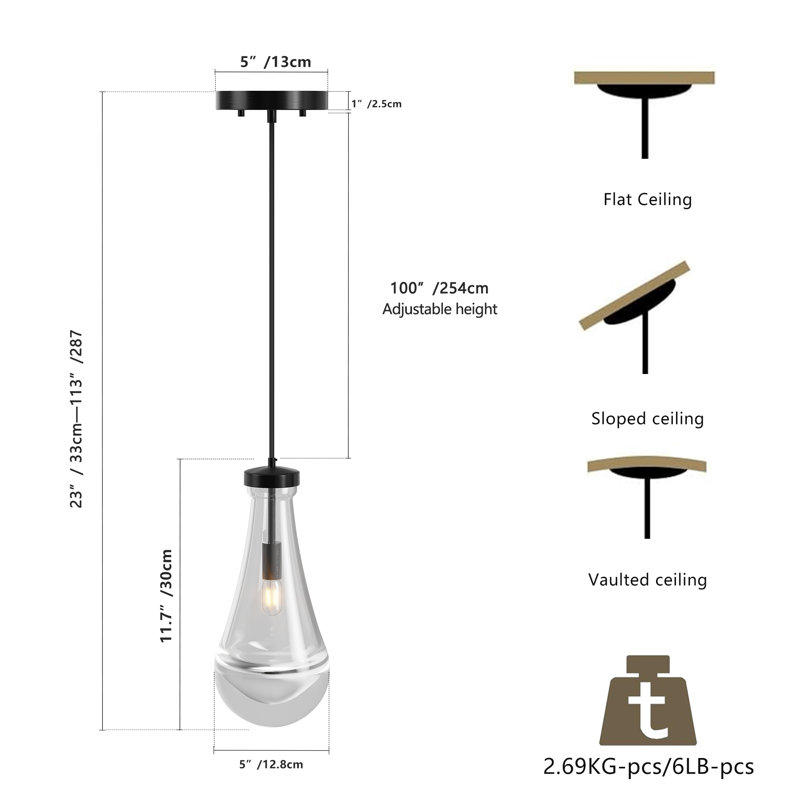 Luminaire suspendu moderne 1 lumière en forme de goutte d'eau, Noir mat