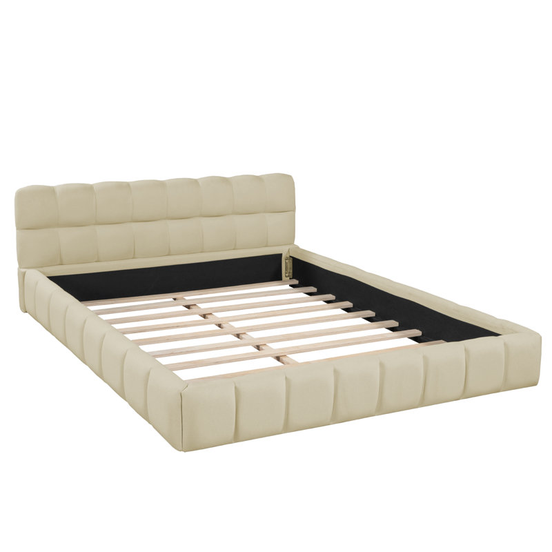 Bohunice Upholstered Low Platform Bed with Tufted Headboard, Beige, Queen