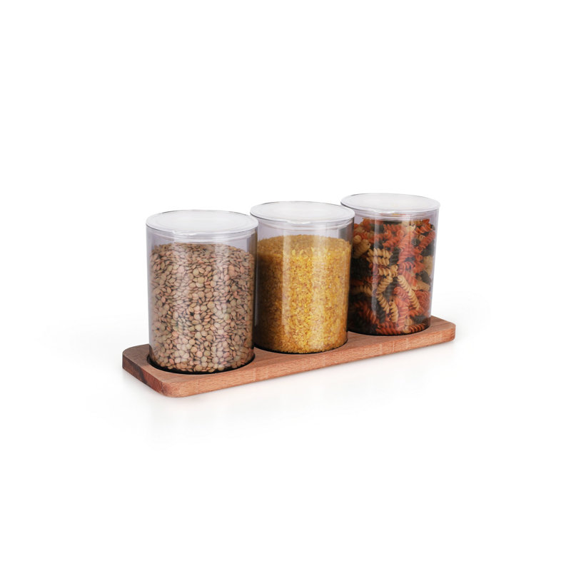Ensemble de 7 pots en plastique sans BPA avec support en bois, 3 pots (4 x 4 x 5,5 po, 27,1 oz liq.) Et 1 support (13 x 4,5 x 6 po) | Va au lave-vaisselle, transparent et bois | Parfait pour le rangement et l'organisation de la cuisine, conception durable