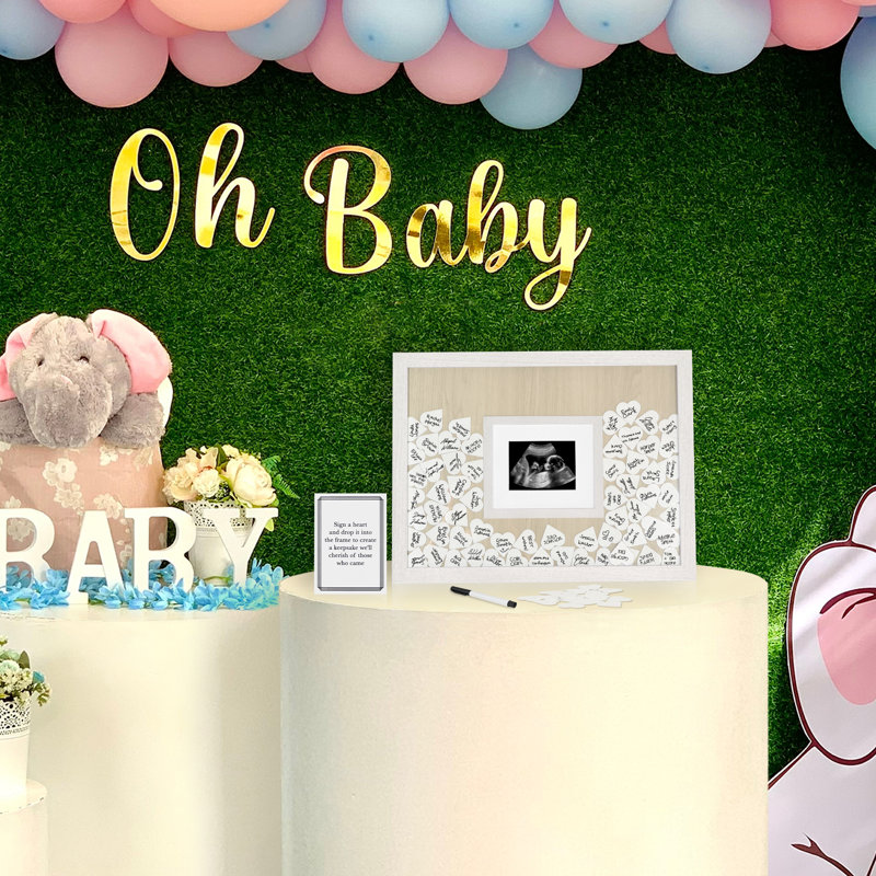 Livre d'or pour fête de naissance 12 x 16 avec 80 jetons de cœur - Convient à un sonogramme ou une photo de bébé 3 x 4