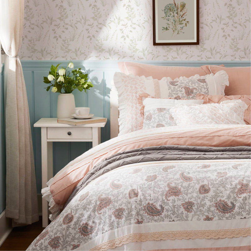 Ensemble d'édredon en coton percale 9 pièces Cal King avec design et certification Oeko-tex pour les lits, Rosé