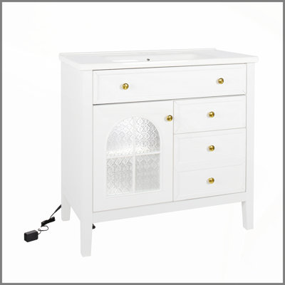 Armoire de salle de bain blanche de 35,6 pouces avec beaucoup de rangement et éclairage activé par le mouvement pour les salles de bain modernes