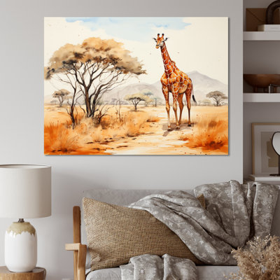 «Orange Orange Beige Girrafe Walk in African Landscape», reproduction sur toile