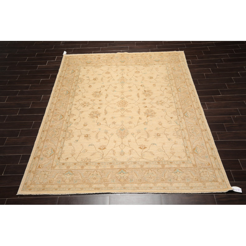 Tapis décoratif beige/brun noué à la main en laine de conception unique 8 pi 3 po x 9 pi 8 po Faelan
