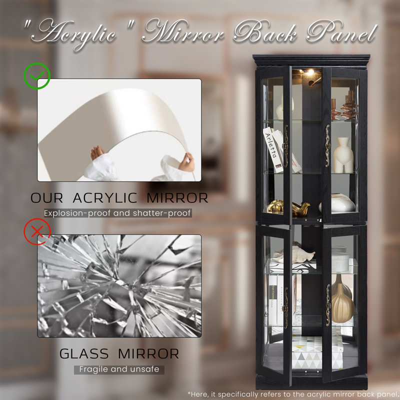 Lighted Curio Cabinet 71" Vintage Glass Display Case with Adjustable Shelves, 4 Tempered Glass Doors, Bulb Included, Wooden Square Wine Bar China Cabinet for Living Room Liquor Storage
