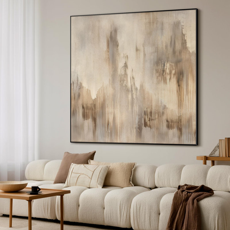 Extra Large Wall Art Fabric Print - Neutral Abstract Soft Beige and Taupe Waterfall-Inspired Illustration Artwork Decor for Living Room or Bedroom - "Frame Assembly Required (Unfinished Frame)"